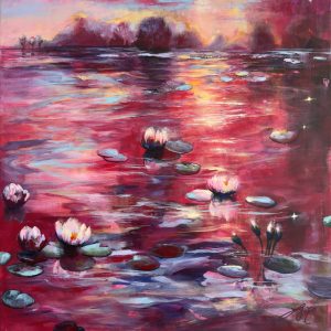 Red Sunset At The Pond  | 60x60x2cm
